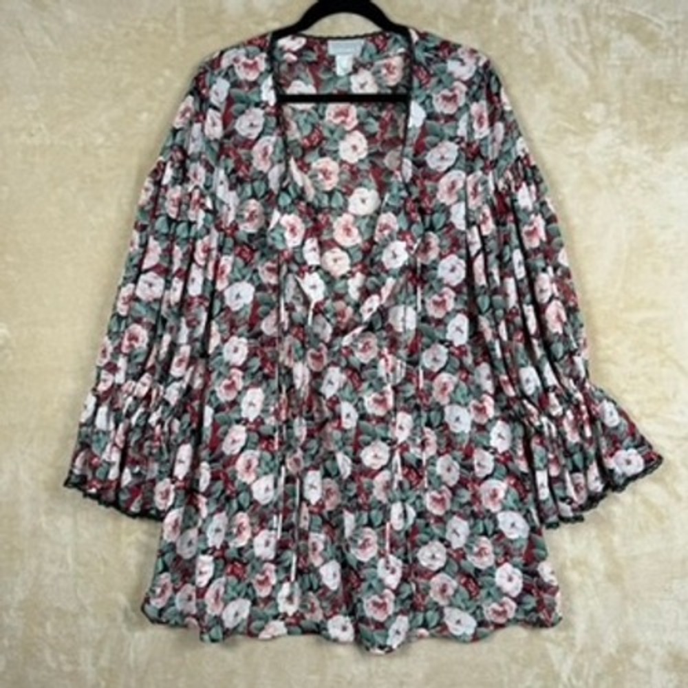 Natori II Women Sm Red Floral Tie Front Ruffle Sleeve Blouse Romantic Boho Sheer